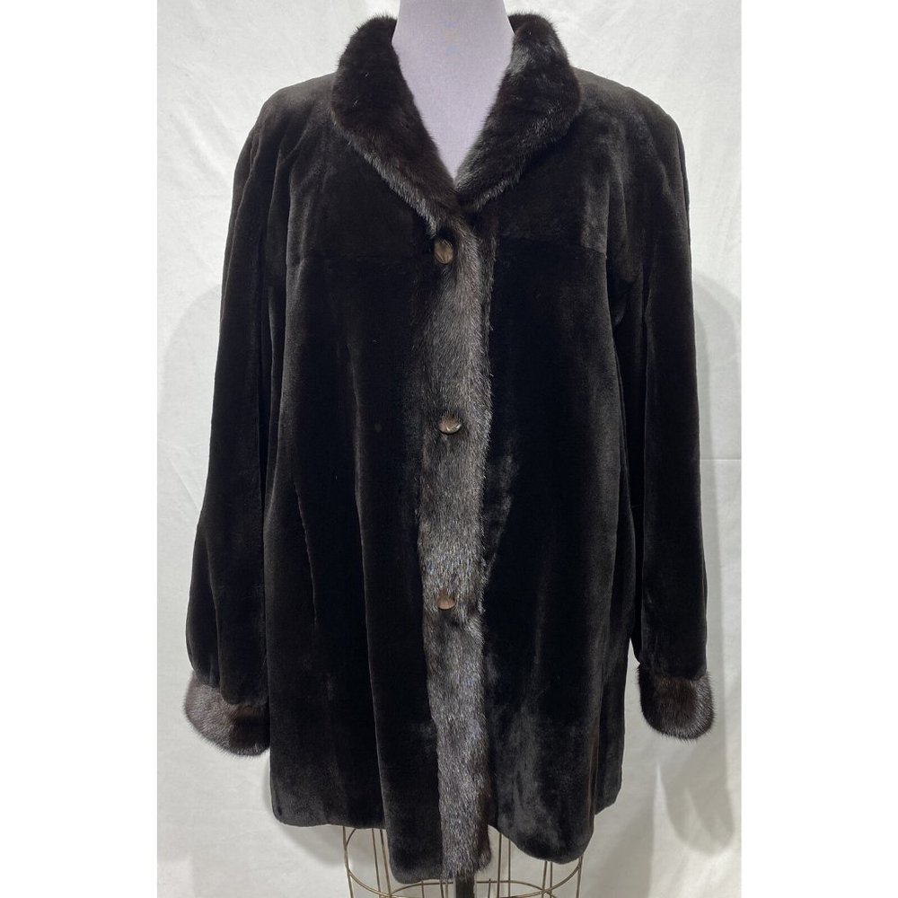 sheared mink stroller dyed brown LH mink tux + cuffs reversible rainwear (34423)
